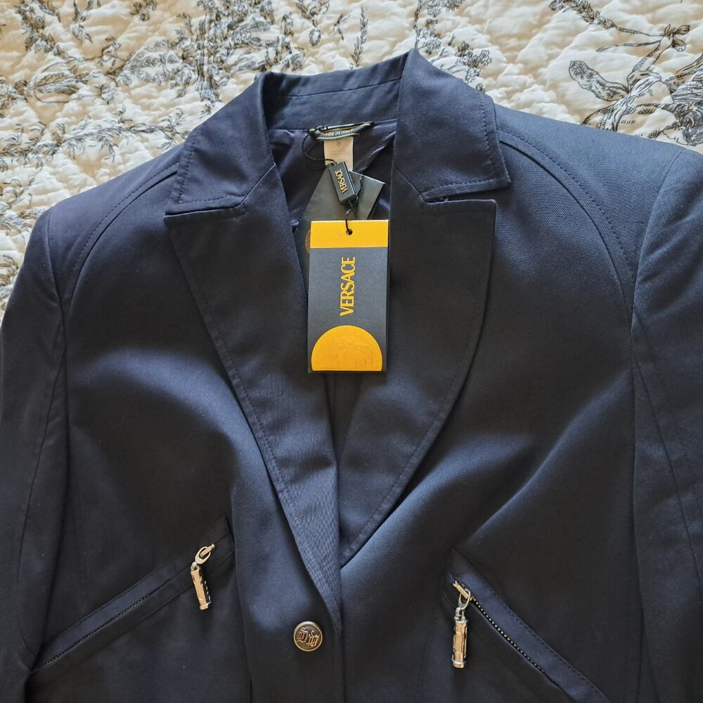 VERSACE NWT Italy Jacket Blazer Navy Cotton Silver Logo Buttons Size EU 46